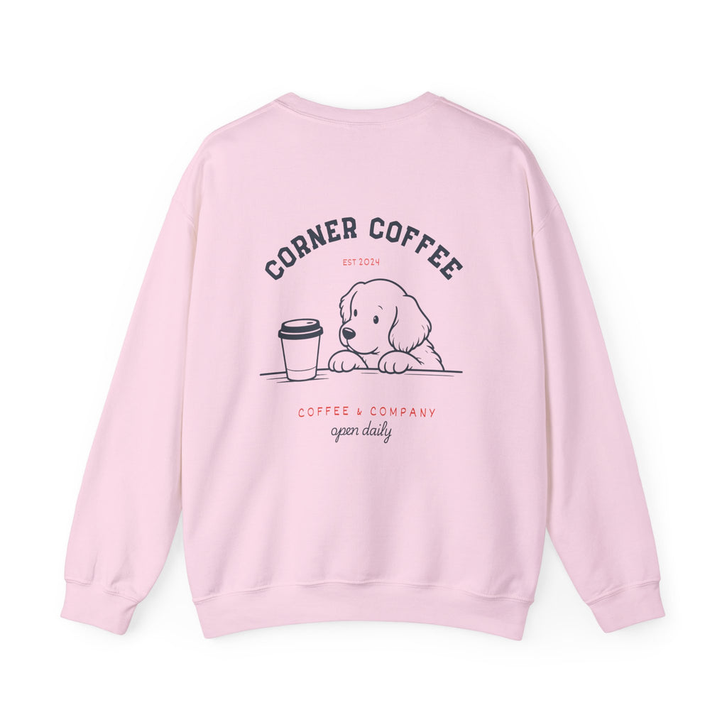 Corner Coffee Puppy Crewneck Sweatshirt — Cute Café Logo Pullover
