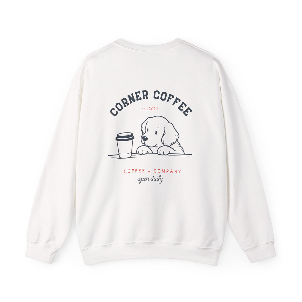 Corner Coffee Puppy Crewneck Sweatshirt — Cute Café Logo Pullover