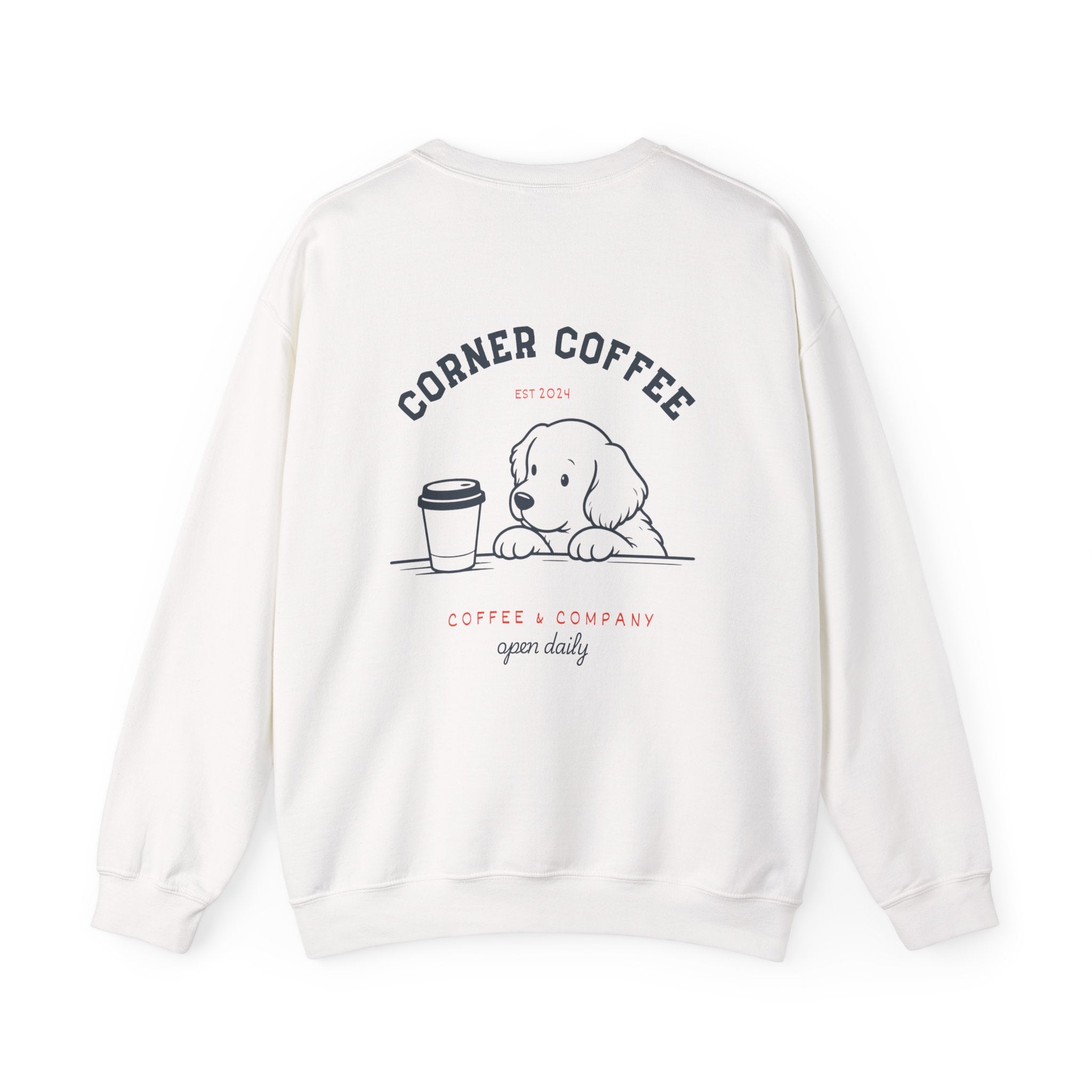 Corner Coffee Puppy Crewneck Sweatshirt — Cute Café Logo Pullover