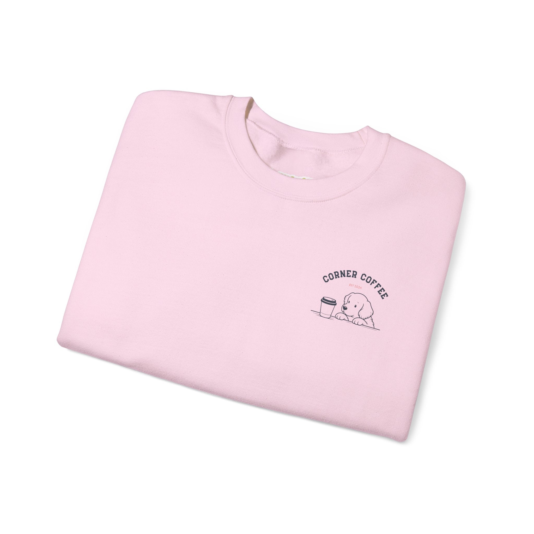 Corner Coffee Puppy Crewneck Sweatshirt — Cute Café Logo Pullover