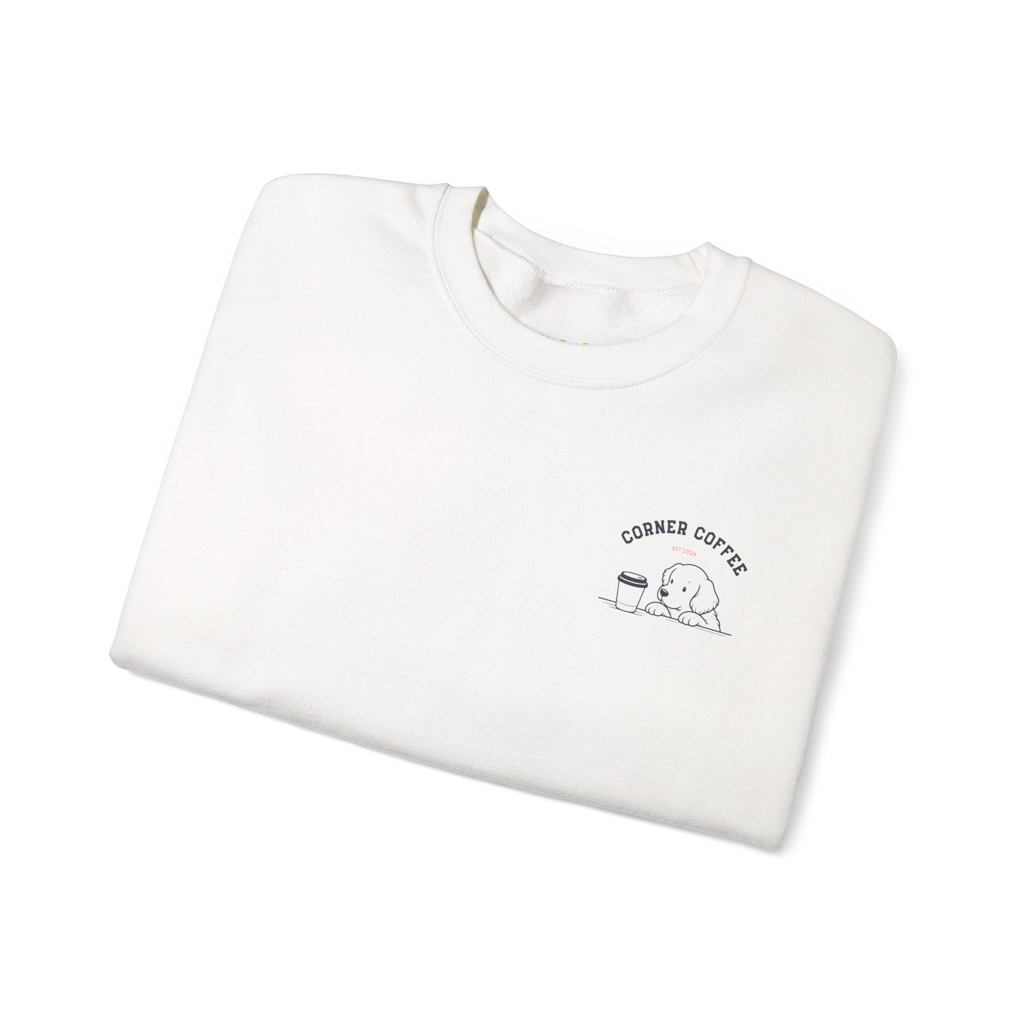 Corner Coffee Puppy Crewneck Sweatshirt — Cute Café Logo Pullover