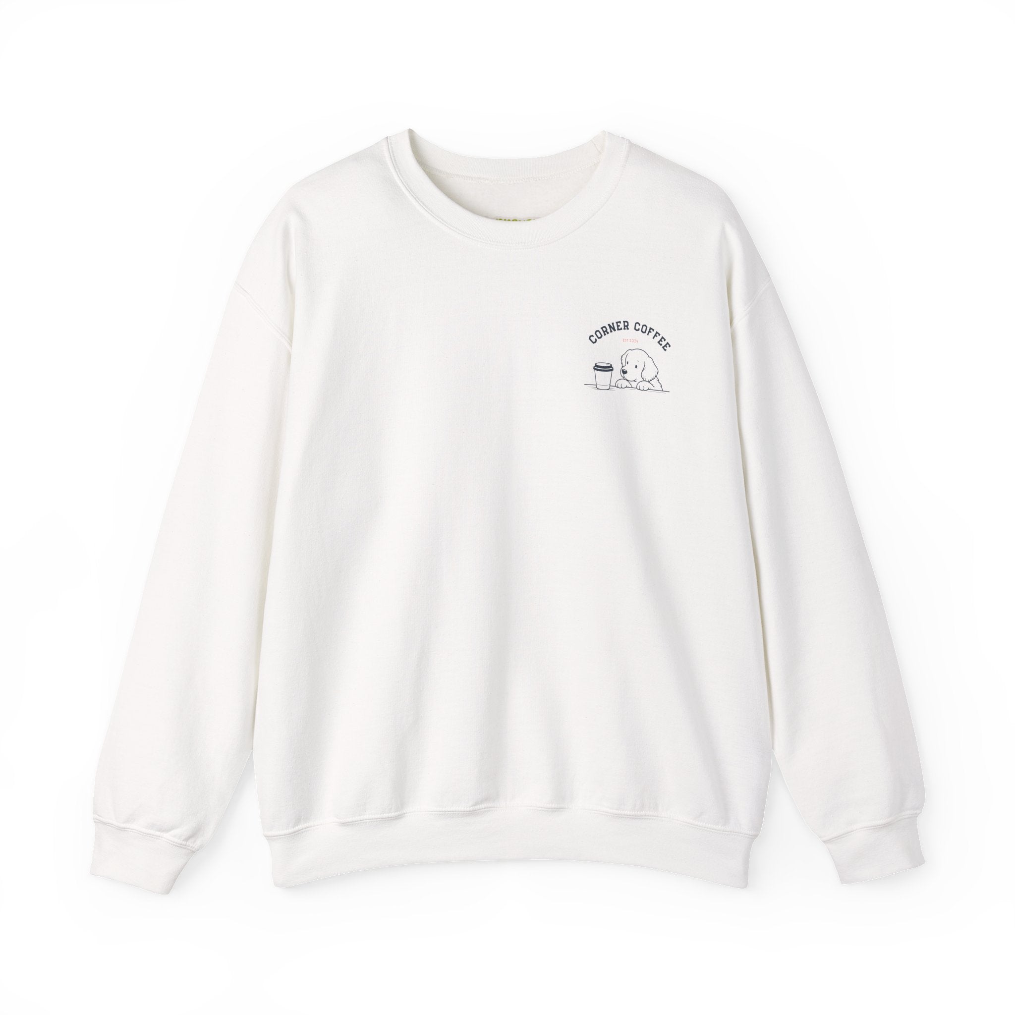 Corner Coffee Puppy Crewneck Sweatshirt — Cute Café Logo Pullover