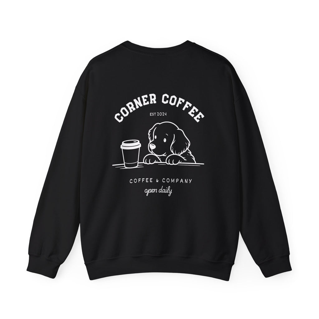 Corner Coffee Puppy Crewneck Sweatshirt — Cute Café Logo Pullover
