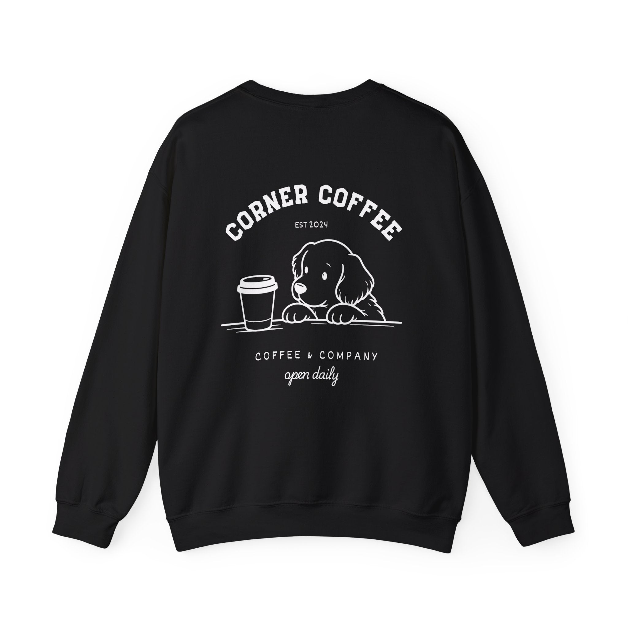 Corner Coffee Puppy Crewneck Sweatshirt — Cute Café Logo Pullover