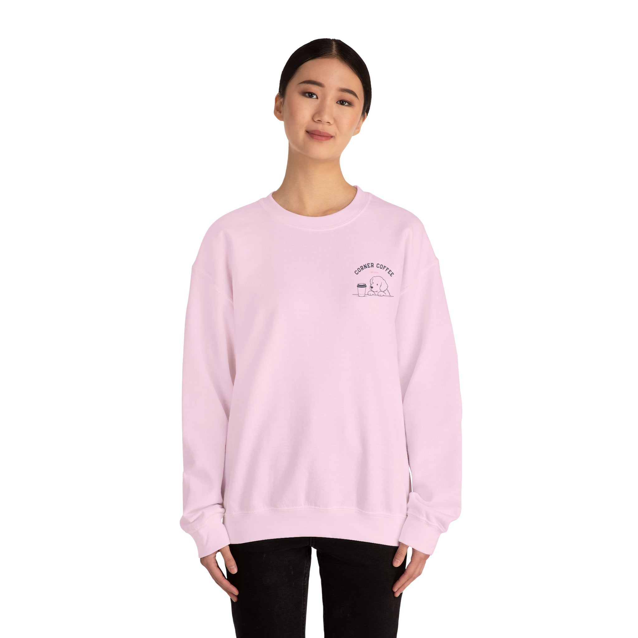 Corner Coffee Puppy Crewneck Sweatshirt — Cute Café Logo Pullover