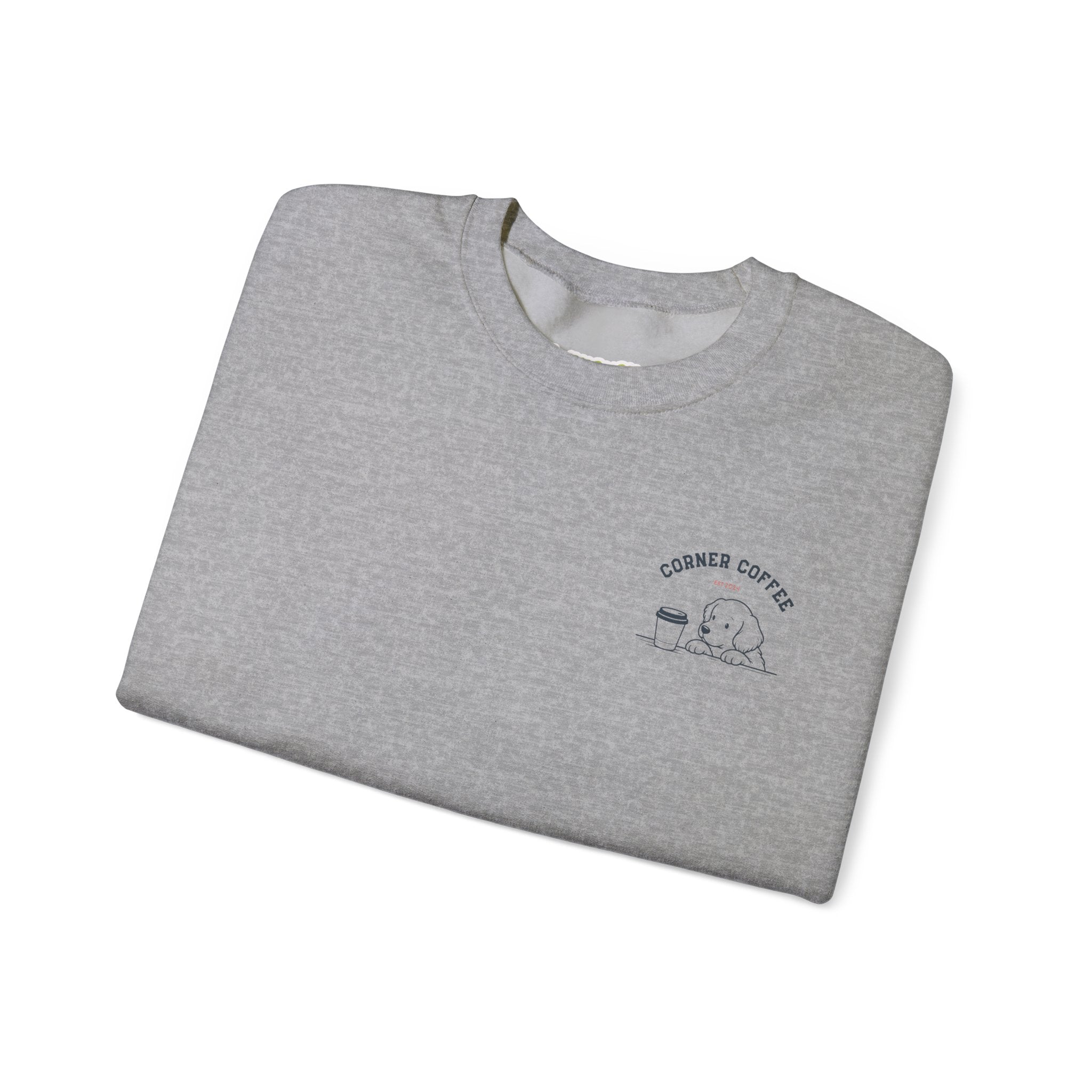 Corner Coffee Puppy Crewneck Sweatshirt — Cute Café Logo Pullover