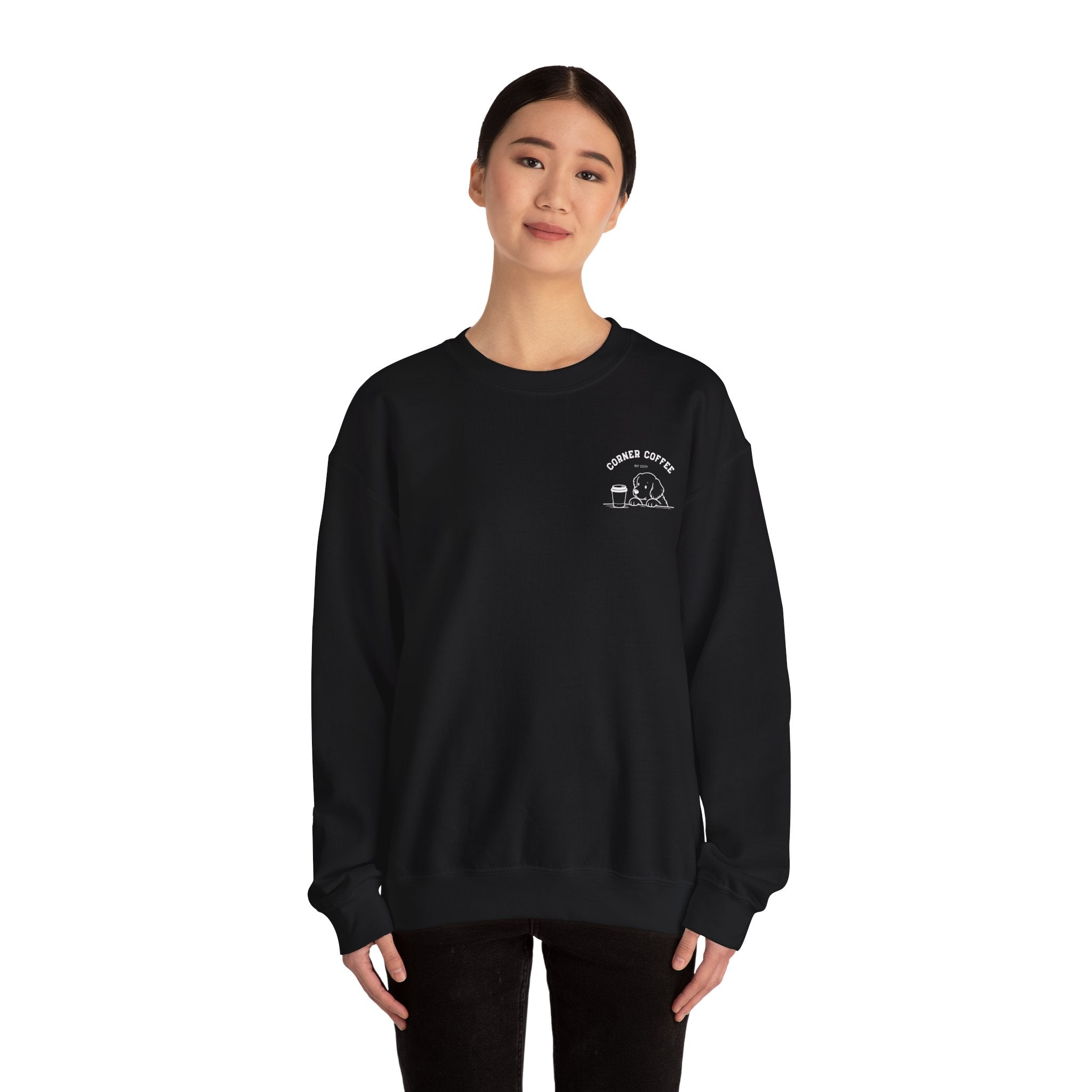 Corner Coffee Puppy Crewneck Sweatshirt — Cute Café Logo Pullover