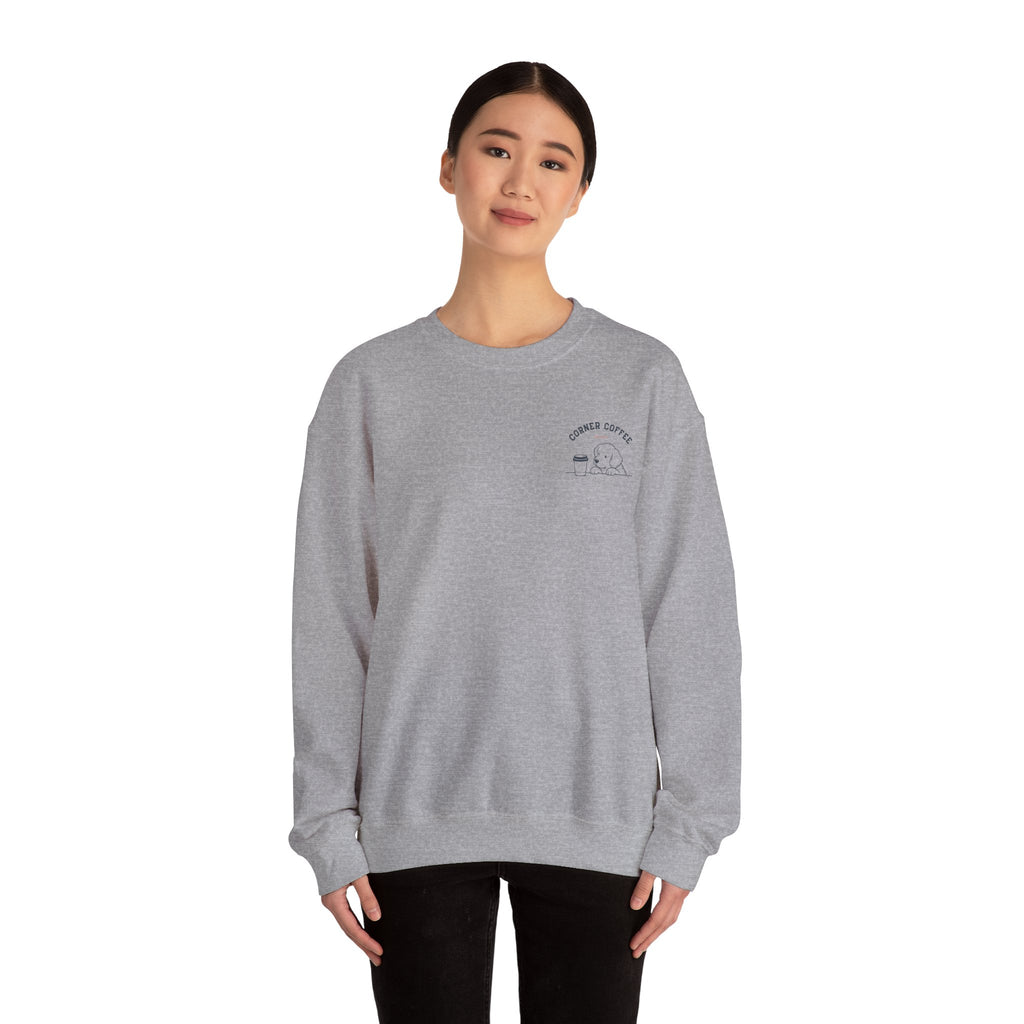 Corner Coffee Puppy Crewneck Sweatshirt — Cute Café Logo Pullover