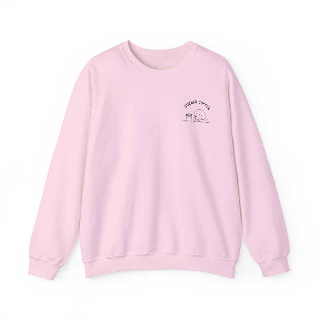 Corner Coffee Puppy Crewneck Sweatshirt — Cute Café Logo Pullover
