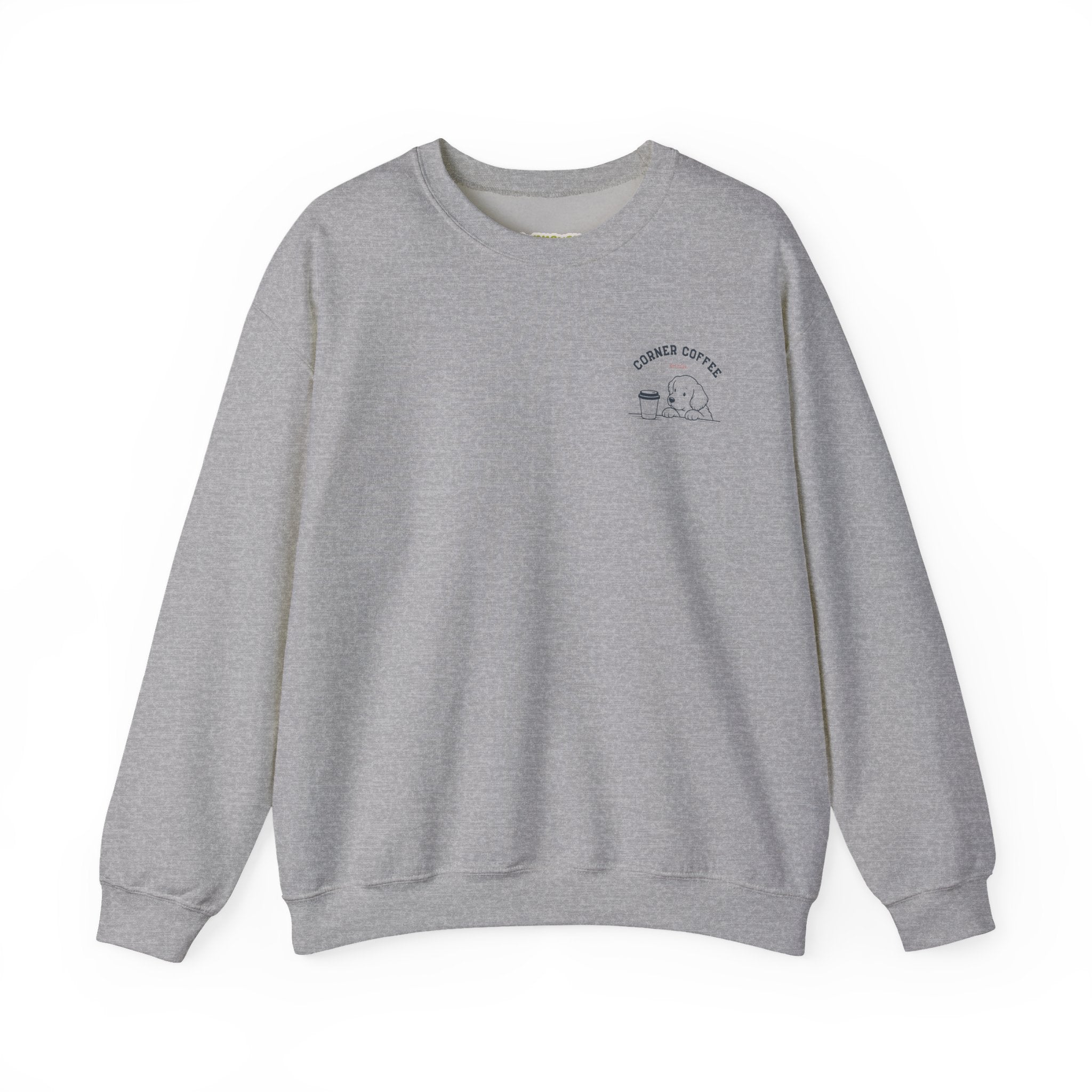 Corner Coffee Puppy Crewneck Sweatshirt — Cute Café Logo Pullover