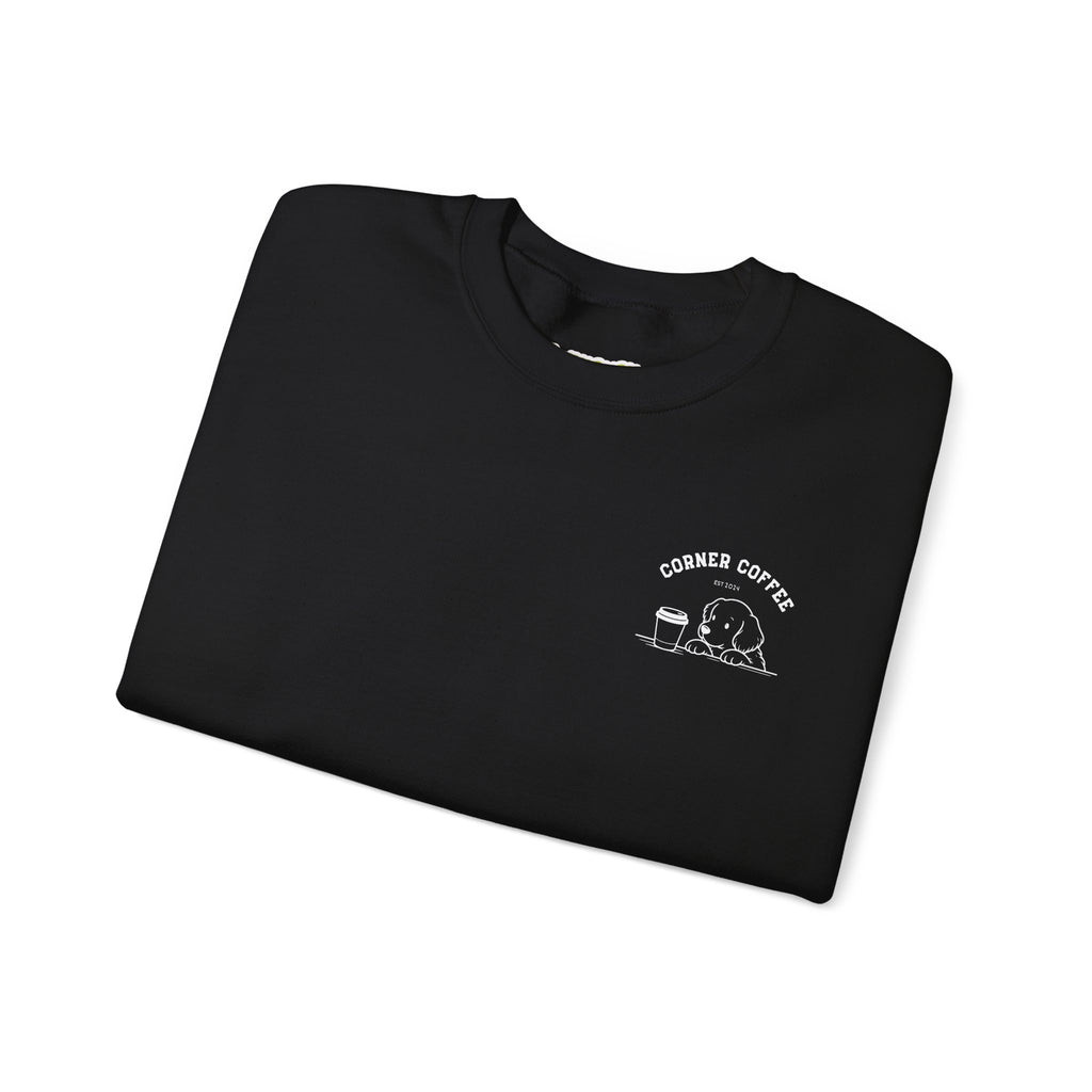 Corner Coffee Puppy Crewneck Sweatshirt — Cute Café Logo Pullover