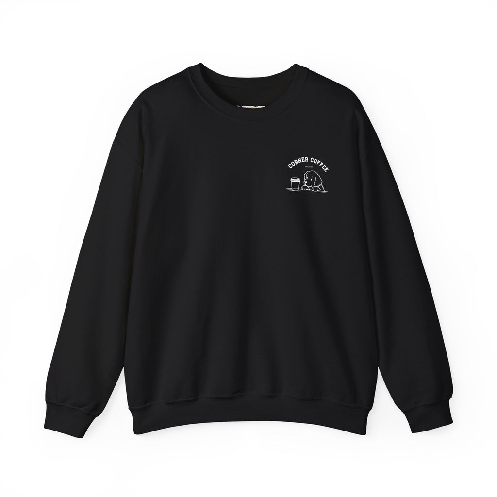 Corner Coffee Puppy Crewneck Sweatshirt — Cute Café Logo Pullover
