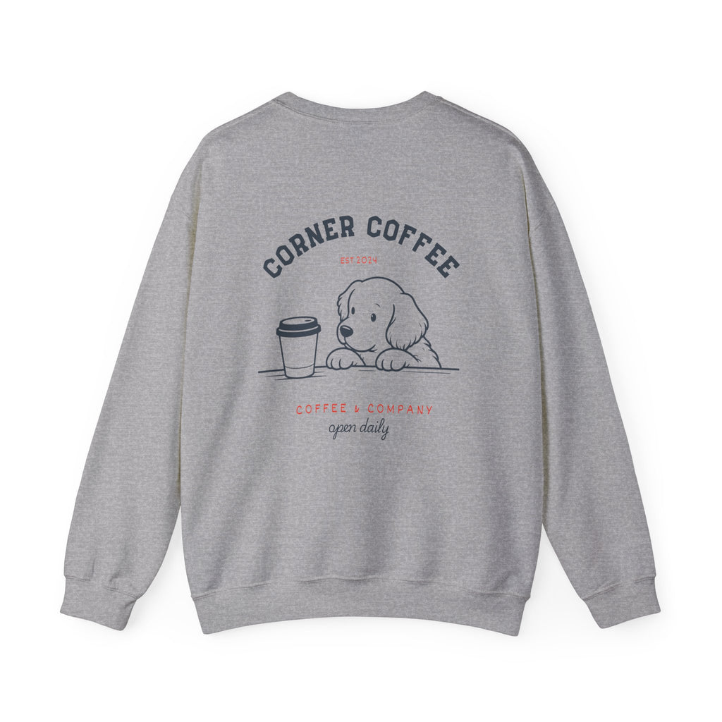 Corner Coffee Puppy Crewneck Sweatshirt — Cute Café Logo Pullover