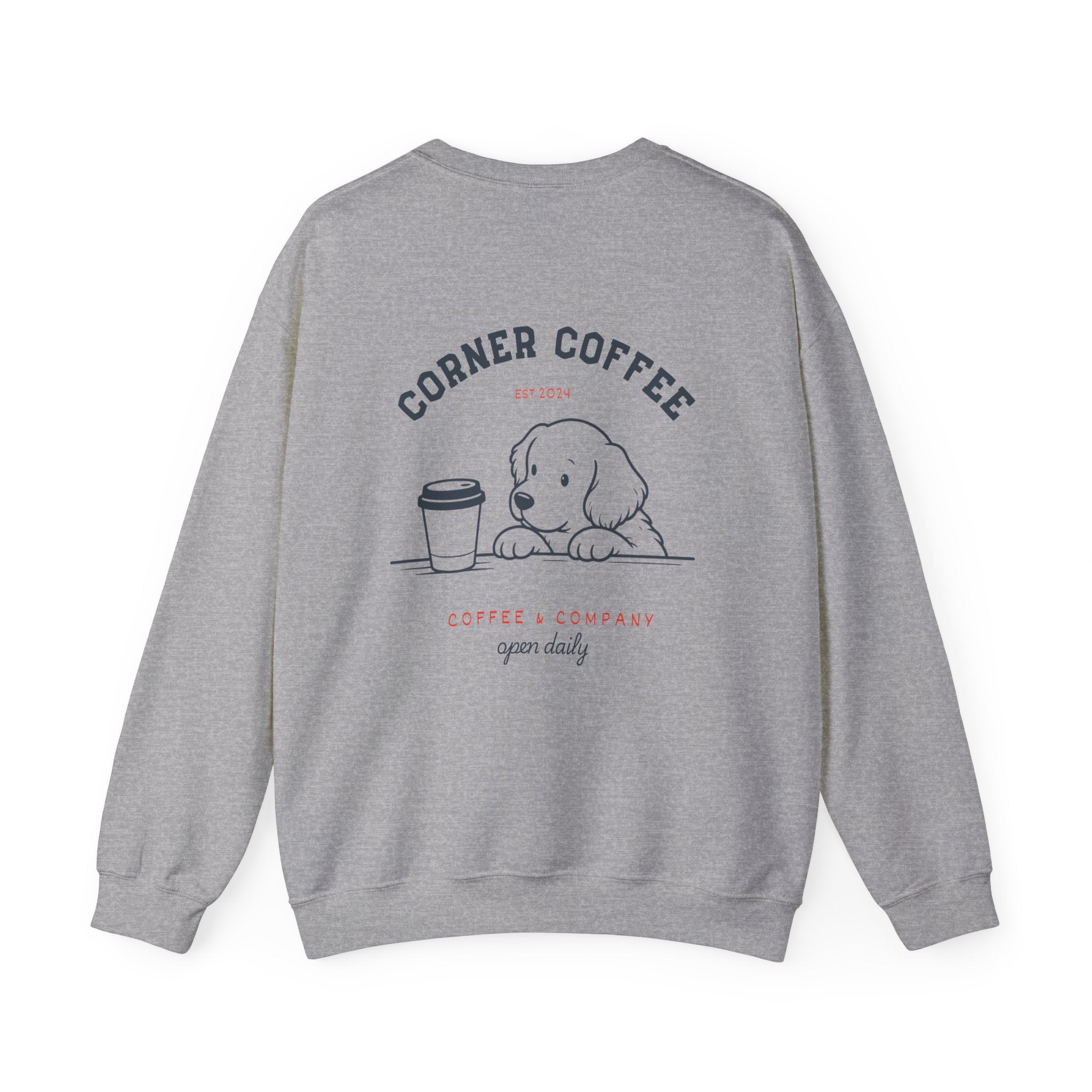 Corner Coffee Puppy Crewneck Sweatshirt — Cute Café Logo Pullover