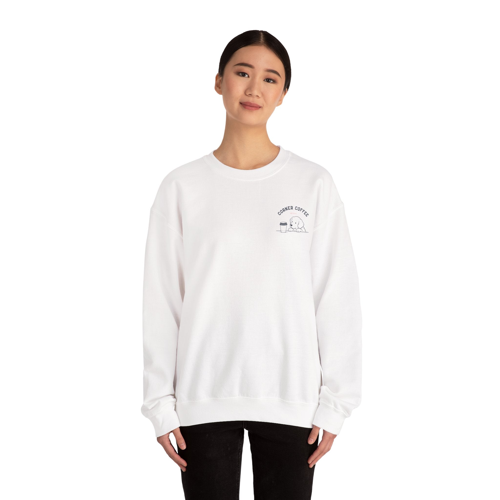 Corner Coffee Puppy Crewneck Sweatshirt — Cute Café Logo Pullover