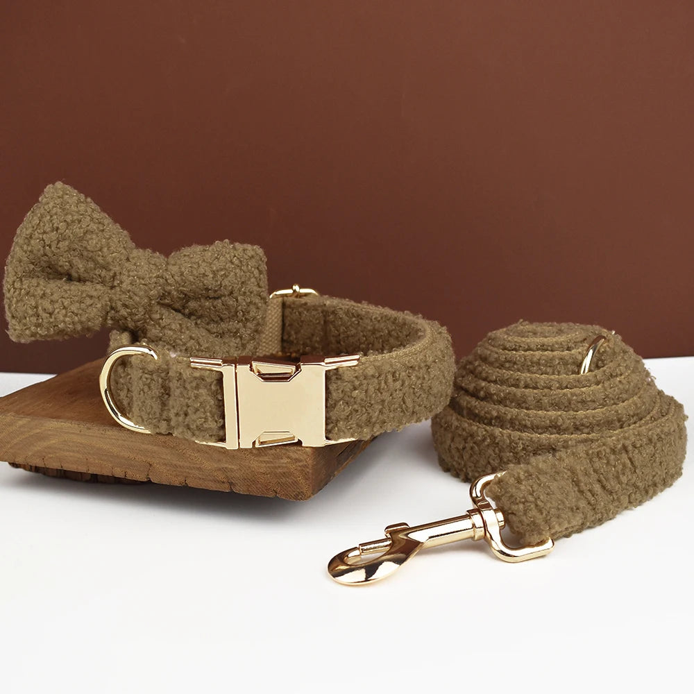 Teddy Brown PlushPooch Collar + Bow +  Leash Set