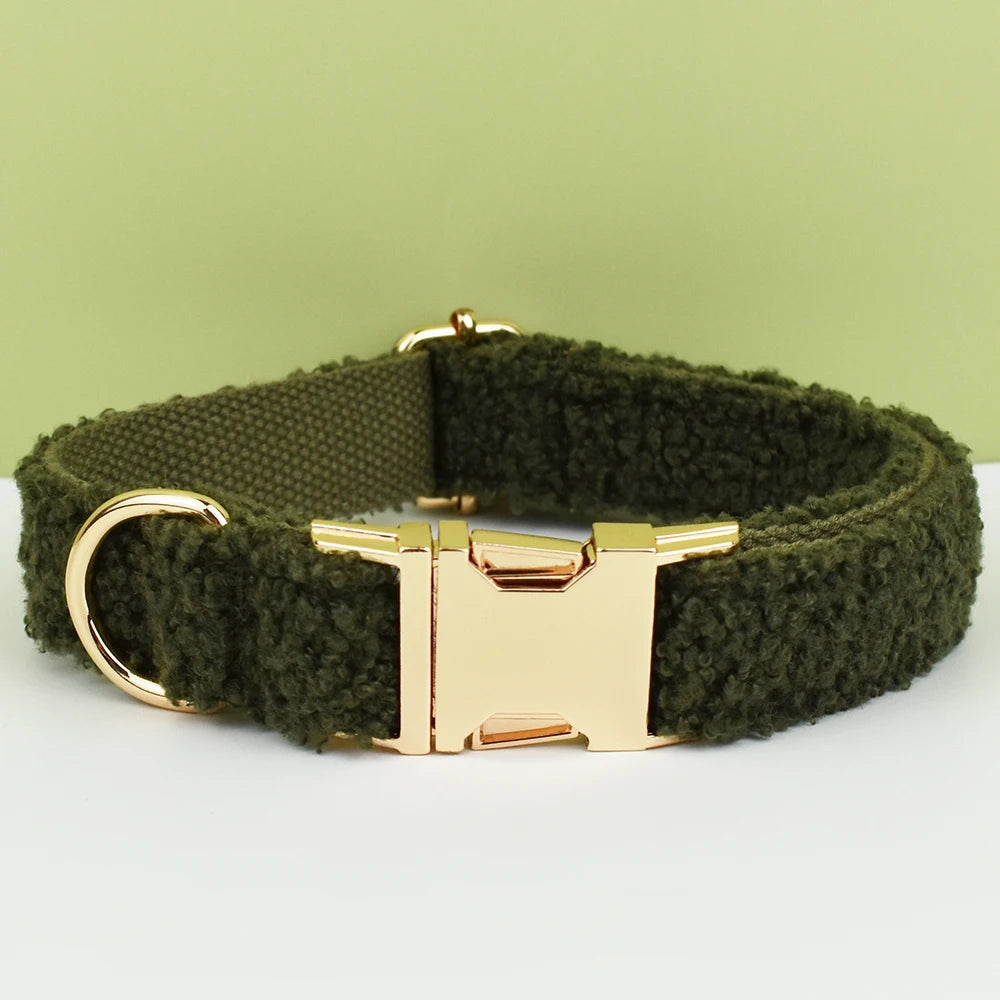 Olive Moss PlushPooch Collar + Bow +  Leash Set