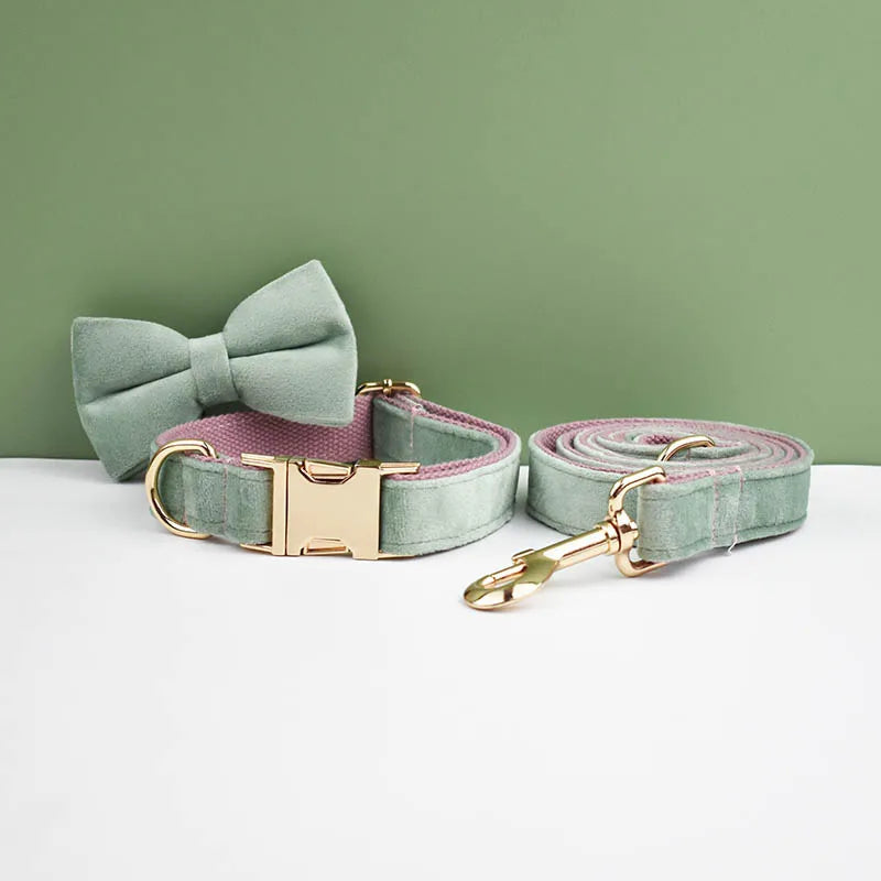 Mint Green with Red Base Velvet Collar & Leash