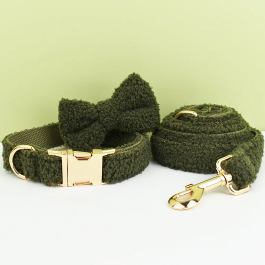 Olive Moss PlushPooch Collar + Bow +  Leash Set