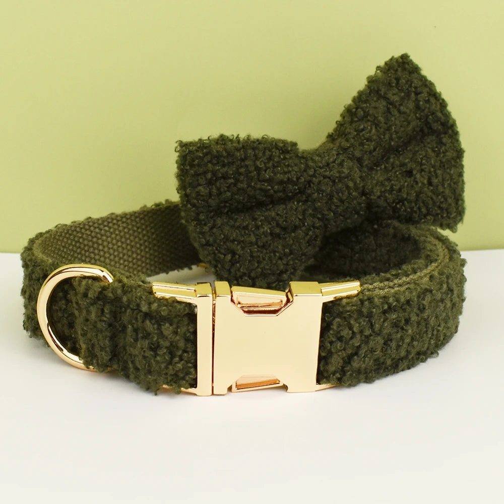Olive Moss PlushPooch Collar + Bow +  Leash Set