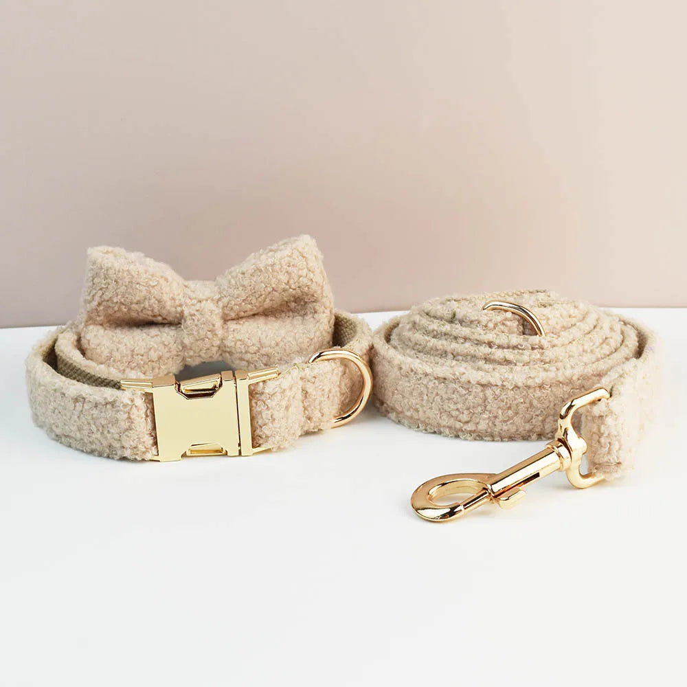 Warm Sand  PlushPooch Collar + Bow +  Leash Set