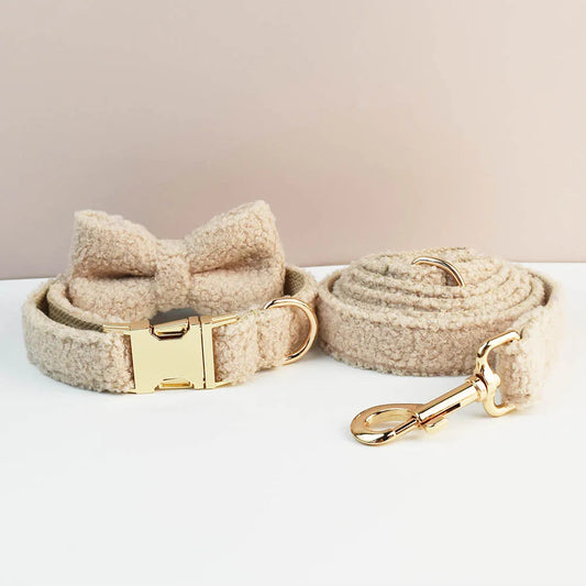 Warm Sand  PlushPooch Collar + Bow +  Leash Set